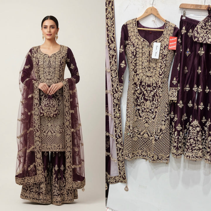 178E - PLUM EMBROIDERED & EMBELLISHED NET SUIT