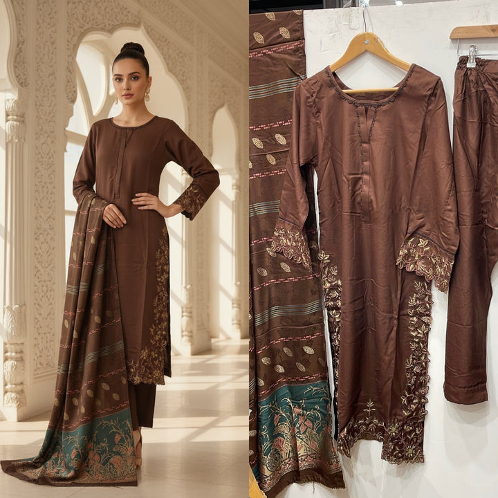 DL06- BROWN DHANAK LINEN EMBROIDERED SUIT