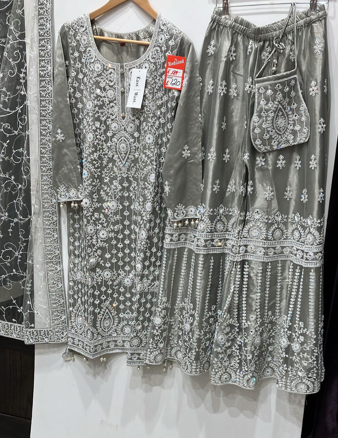 179B - GREY EMBROIDERED & EMBELLISHED NET SUIT