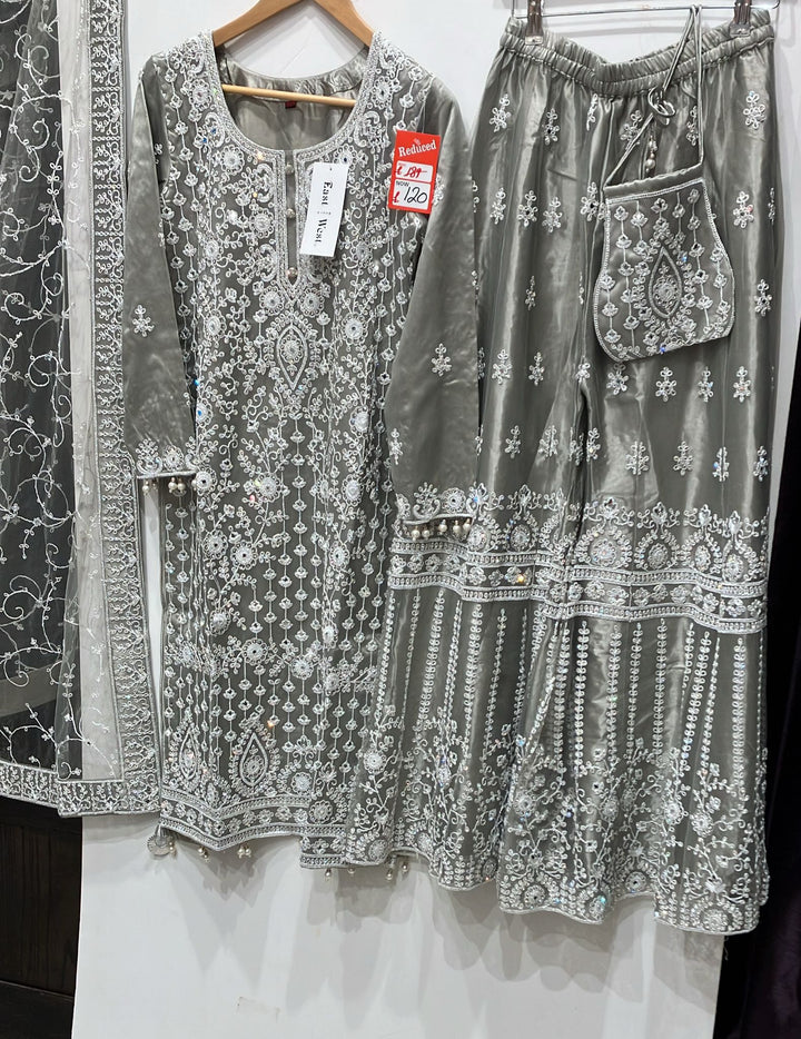 179B - GREY EMBROIDERED & EMBELLISHED NET SUIT