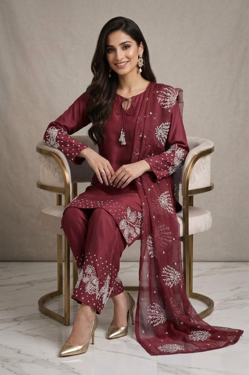 1179H - Maroon Embroidered Viscose 3 Piece suit