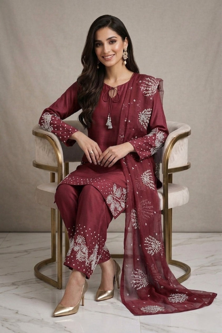1179H - Maroon Embroidered Viscose 3 Piece suit