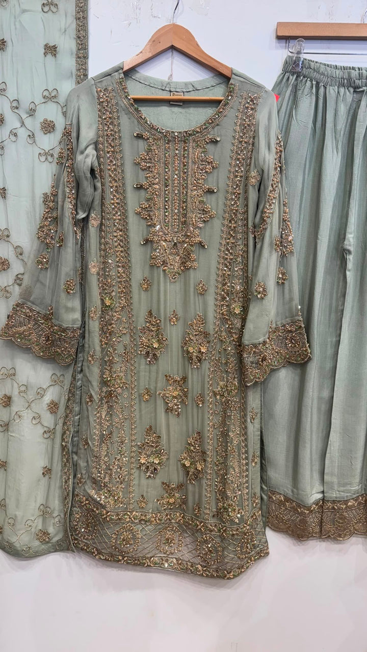 348A- Embroidered Chiffon 3 Piece Suit