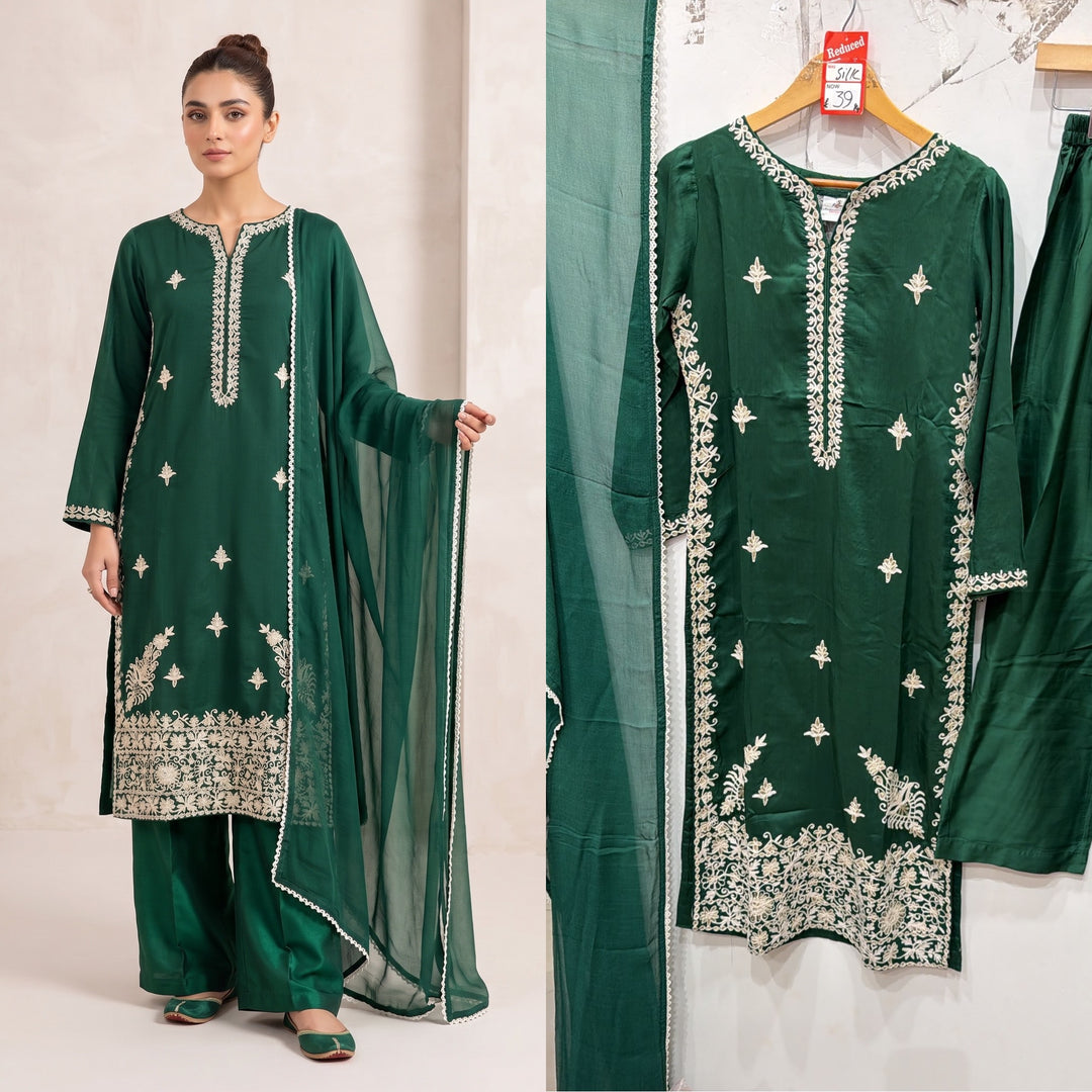 1124A - Green Embroidered Viscose Pakistani Suit with Chiffon Dupatta