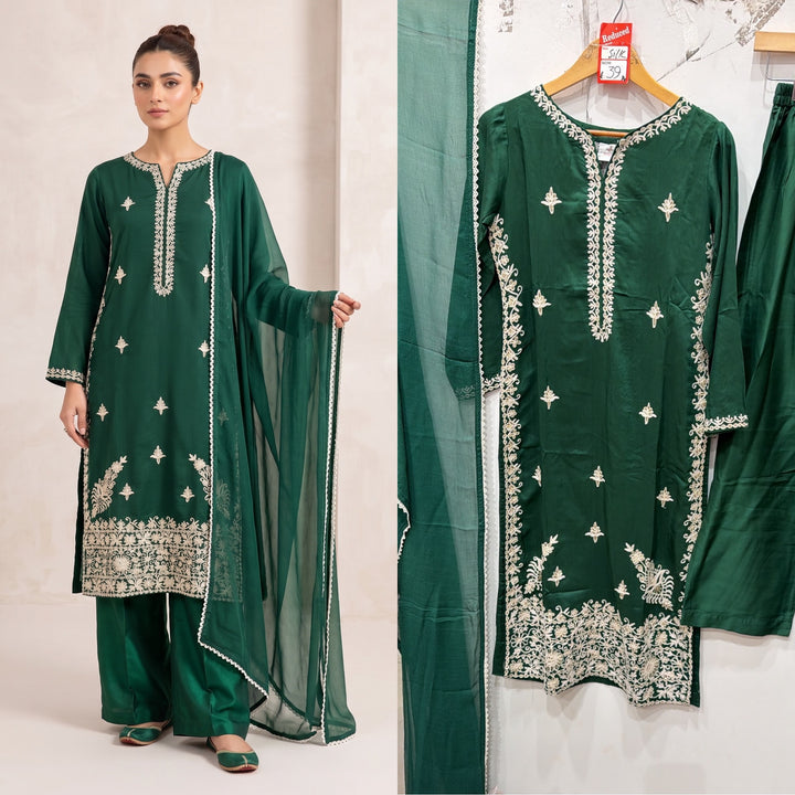 1124A - Green Embroidered Viscose Pakistani Suit with Chiffon Dupatta