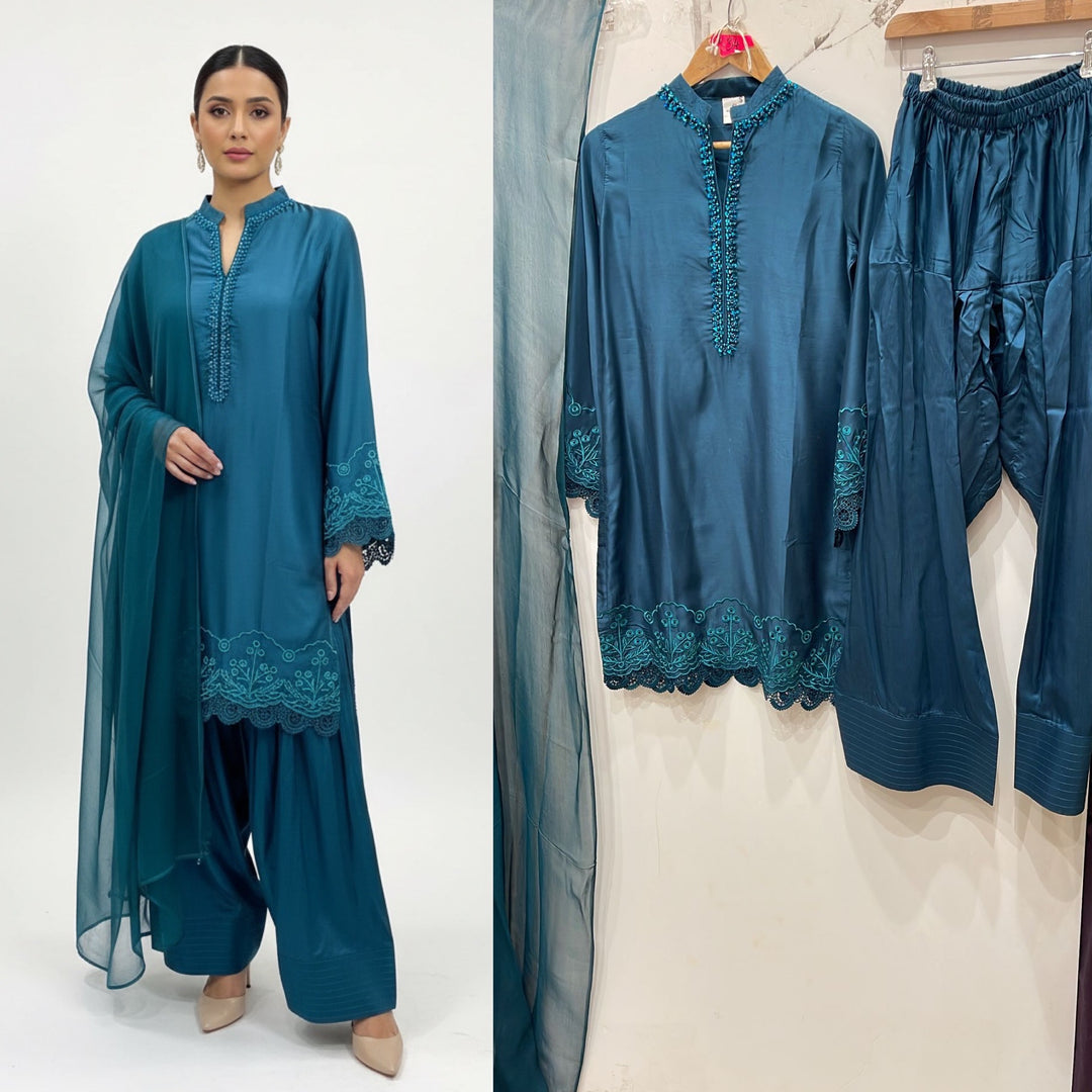 1116H - Teal Viscose Silk Shirt with Farshi Shalwar & Chiffon Dupatta