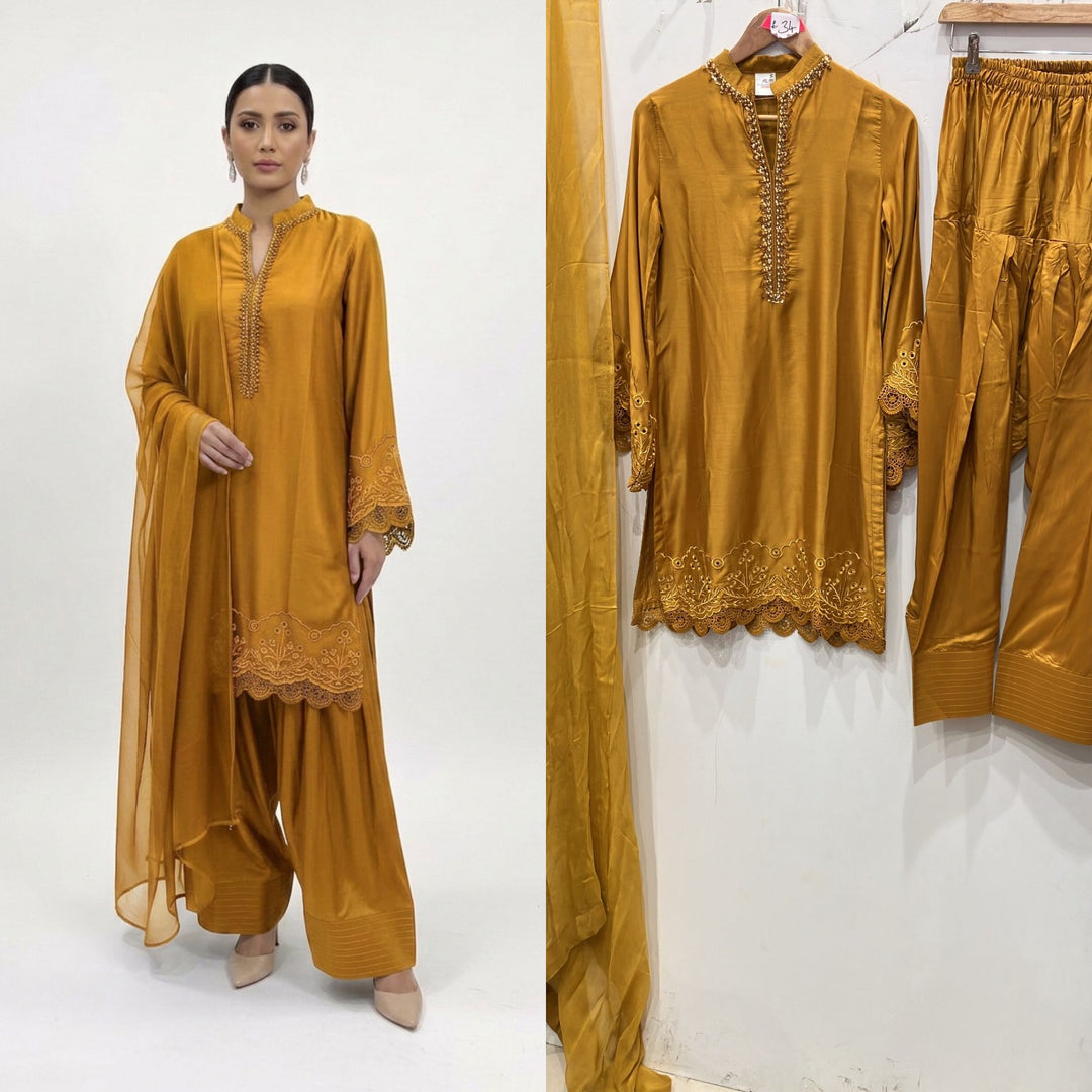 1116T - Mustard Viscose Silk Shirt with Farshi Shalwar & Chiffon Dupatta
