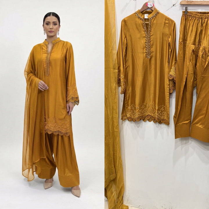 1116T - Mustard Viscose Silk Shirt with Farshi Shalwar & Chiffon Dupatta