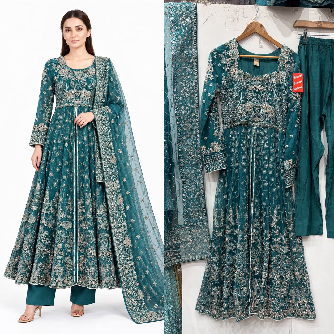 370A - TEAL NET EMBROIDERED MAXI DRESS