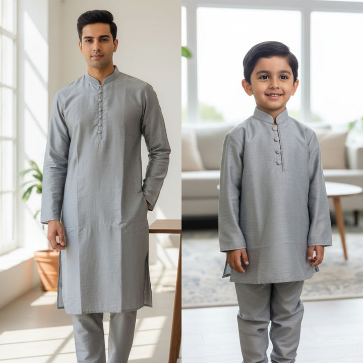 CK603G- Grey cotton satin kameez set for Men & Boy