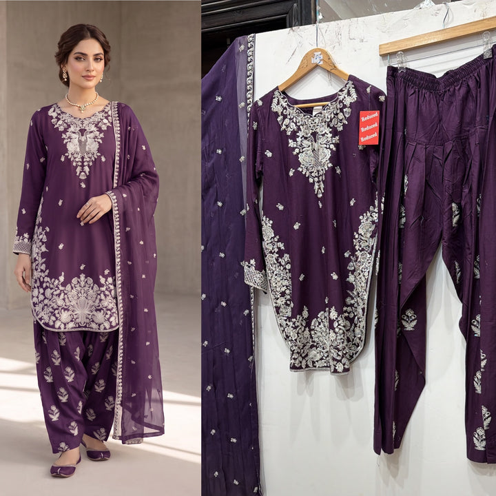 1128B - Purple Viscose Shirt with Farshi Shalwar & Chiffon Dupatta