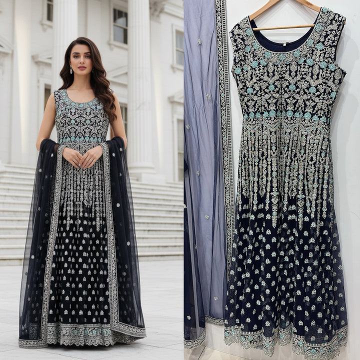 7012C- Embroidered & Embellished net long dress