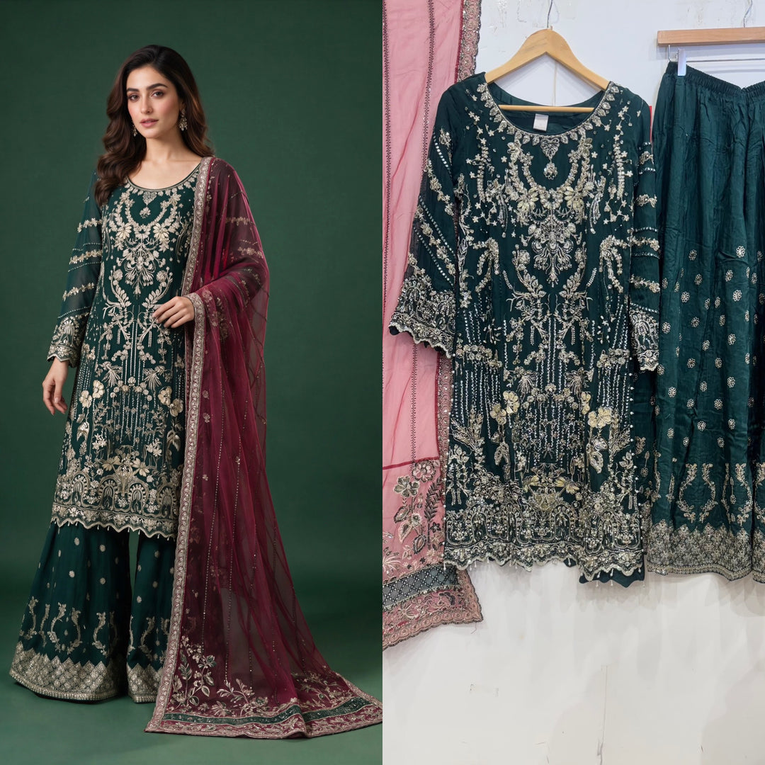 354A - Green Embroidered Chiffon Sharara 3 Piece Suit