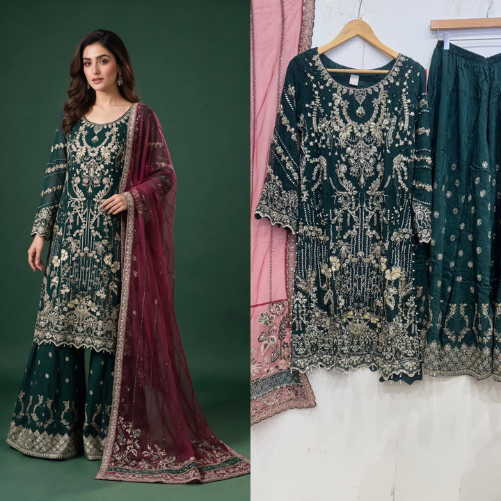 354A - Green Embroidered Chiffon Sharara 3 Piece Suit