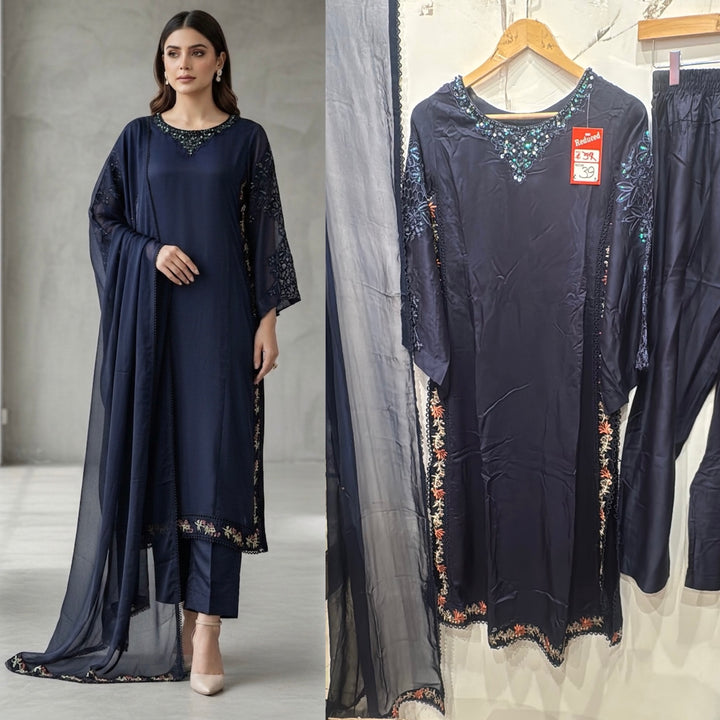 1123A - Navy Blue Embroidered Viscose Pakistani Suit with Chiffon Dupatta