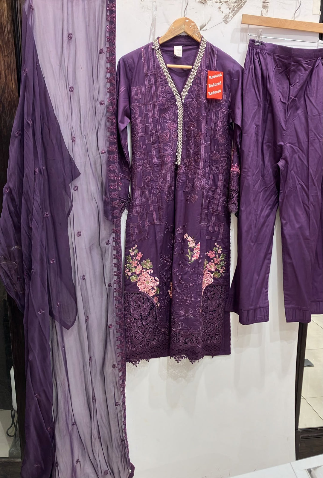 1117A - PURPLE Embroidered Cotton 3 Piece suit