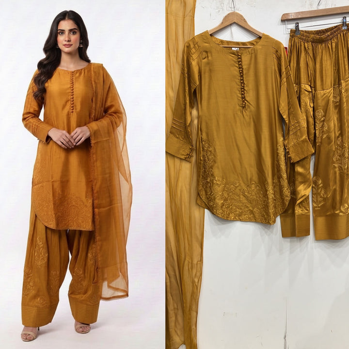 1113E - Mustard Embroidered Viscose Farshi Shalwar 3 Piece suit