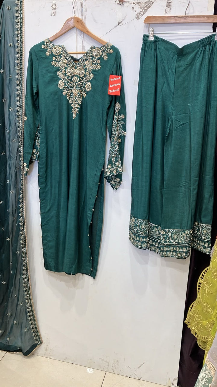 360D- Green Embroidered Silk 3 Piece Suit