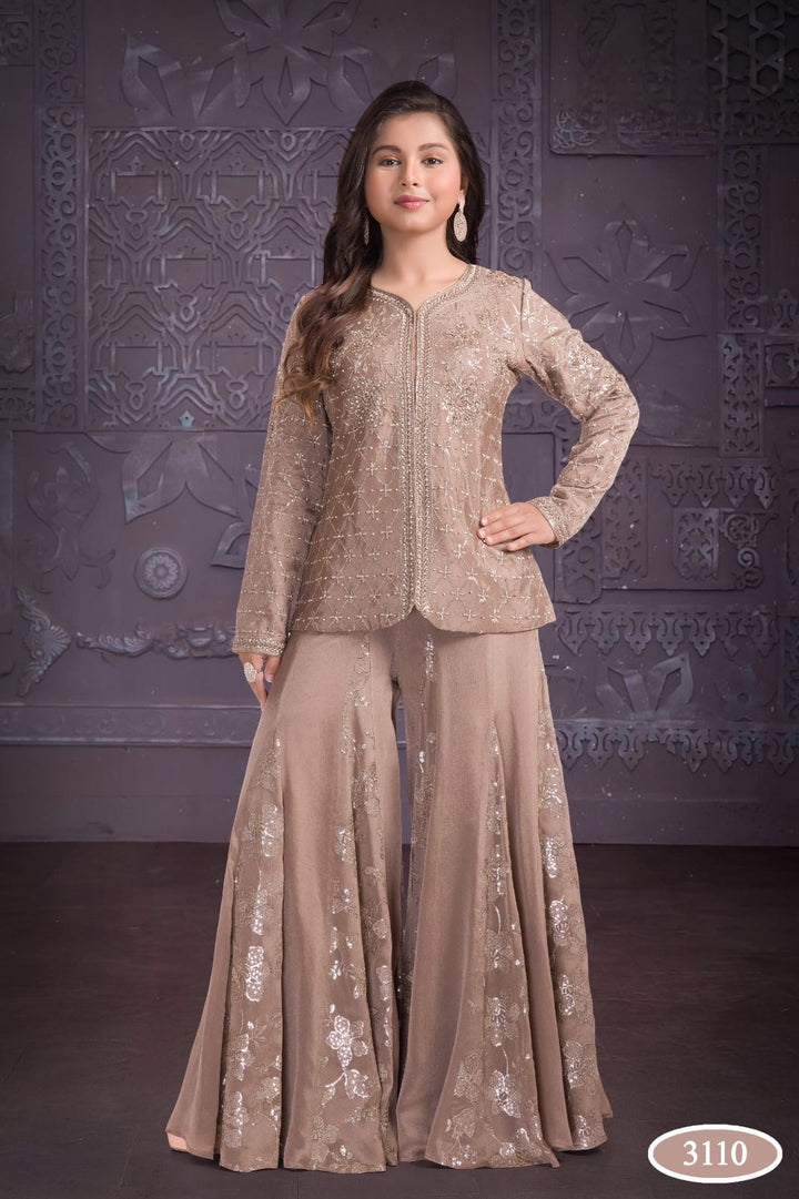 3110B - GIRLS DARK BEIGE EMBROIDERED SHARARA DRESS
