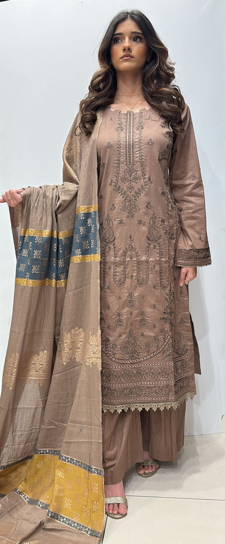 CBRO1 - FAWN BEIGE EMBROIDERED COTTON 3 PIECE SUIT JACQUARD BROSHA DUPATTA