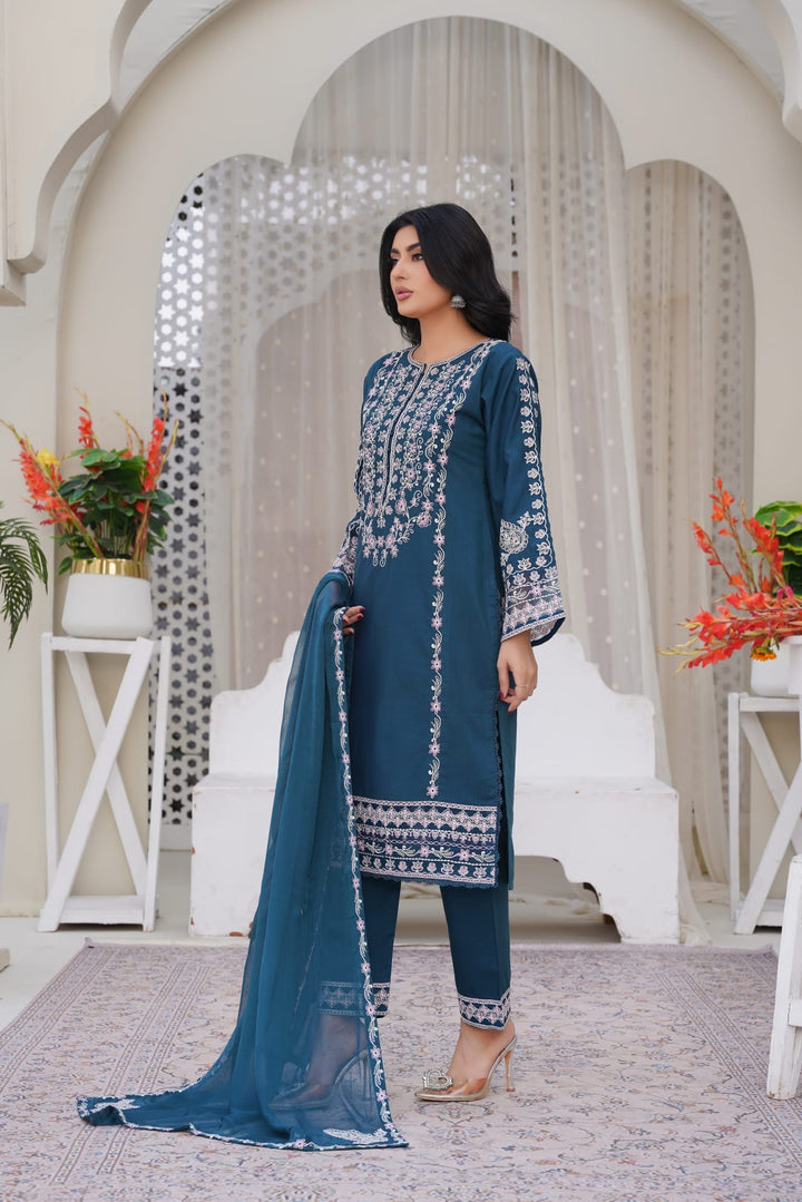 1172B - Teal Embroidered Linen 3 Piece suit