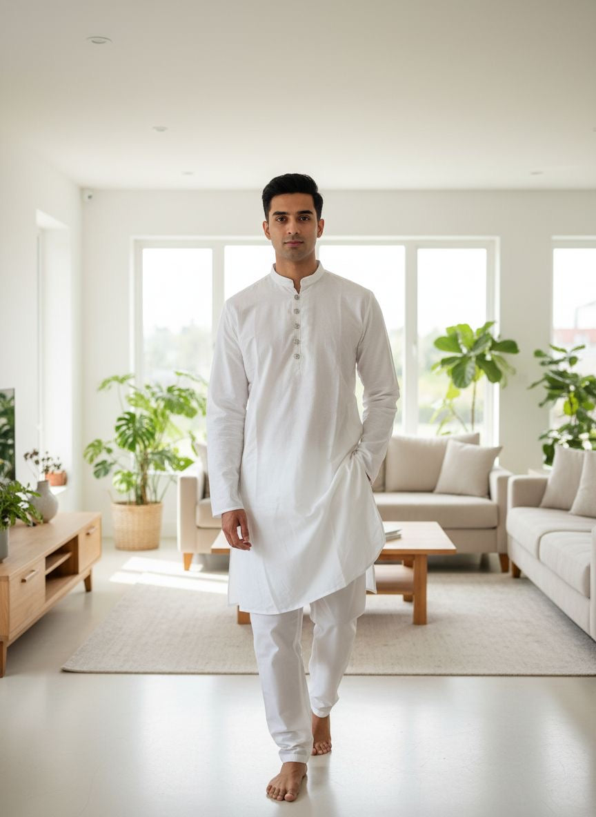 CK603A-  White cotton satin kameez set for Men and Boys