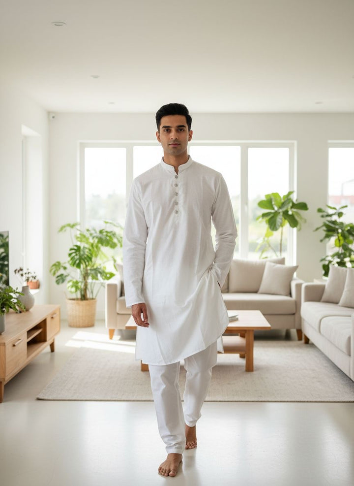 CK603A-  White cotton satin kameez set for Men and Boys
