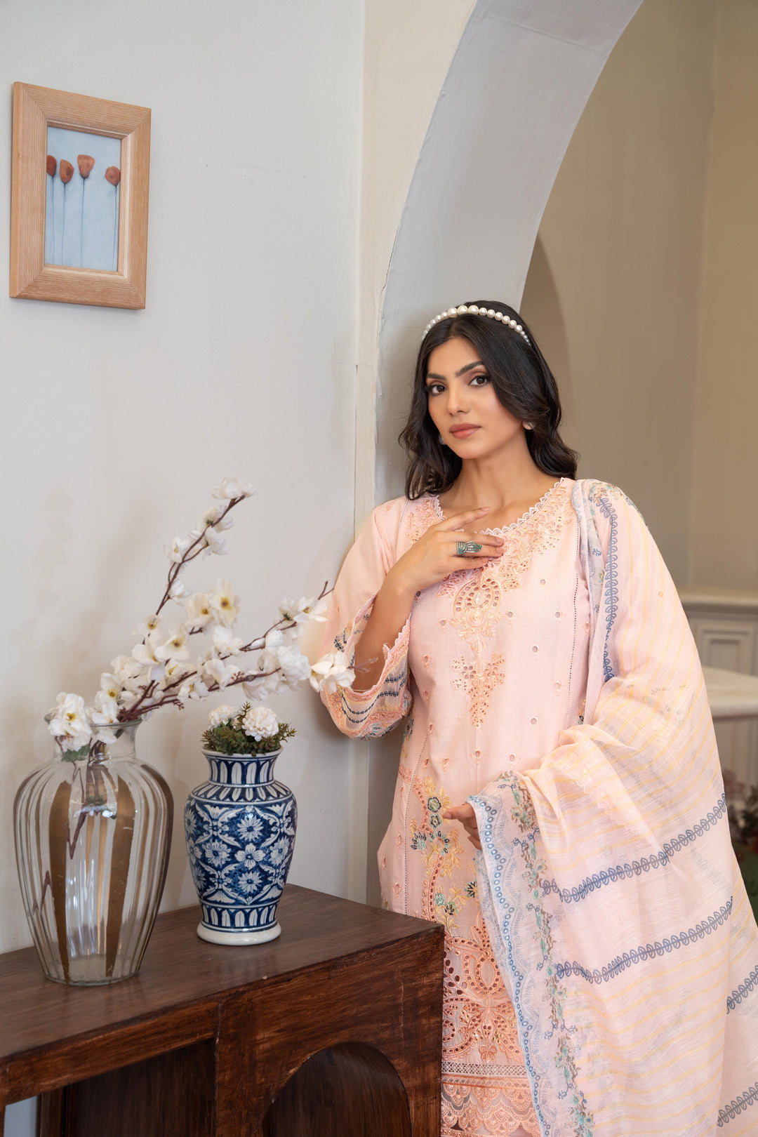 1142D - Peach Embroidered Linen 3 Piece suit