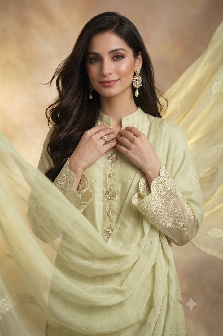 1114E - Pale Lime Embroidered Linen 3 Piece suit