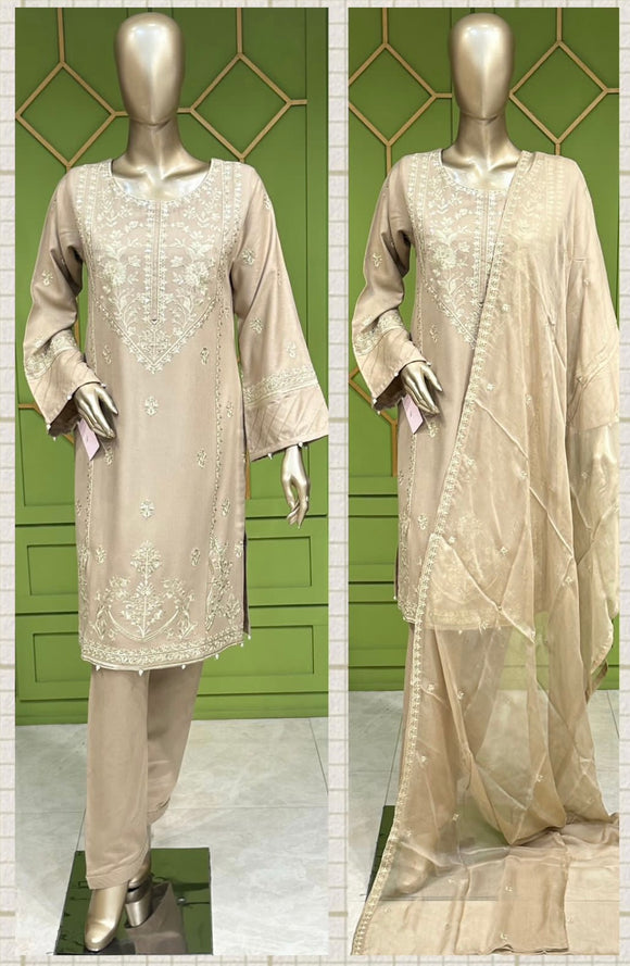 EMBROIDERED WOOL PEACH 3 PIECE SUIT ZC3088D