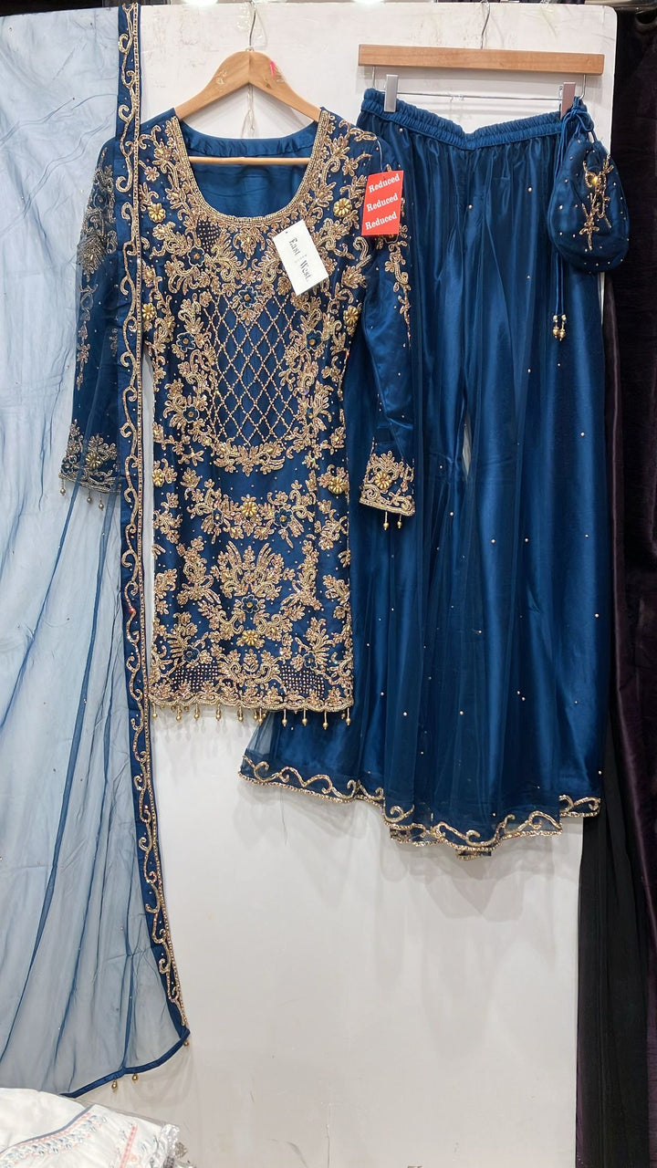 198E - DARK BLUE EMBROIDERED & EMBELLISHED NET SUIT