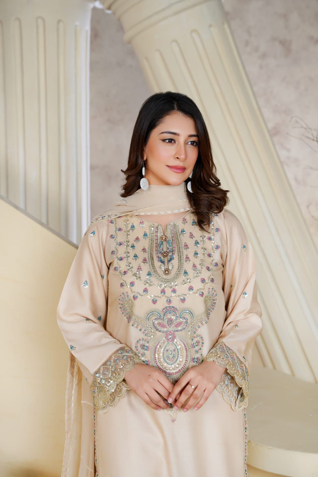 1162B - Beige Embroidered Linen 3 Piece Sharara suit