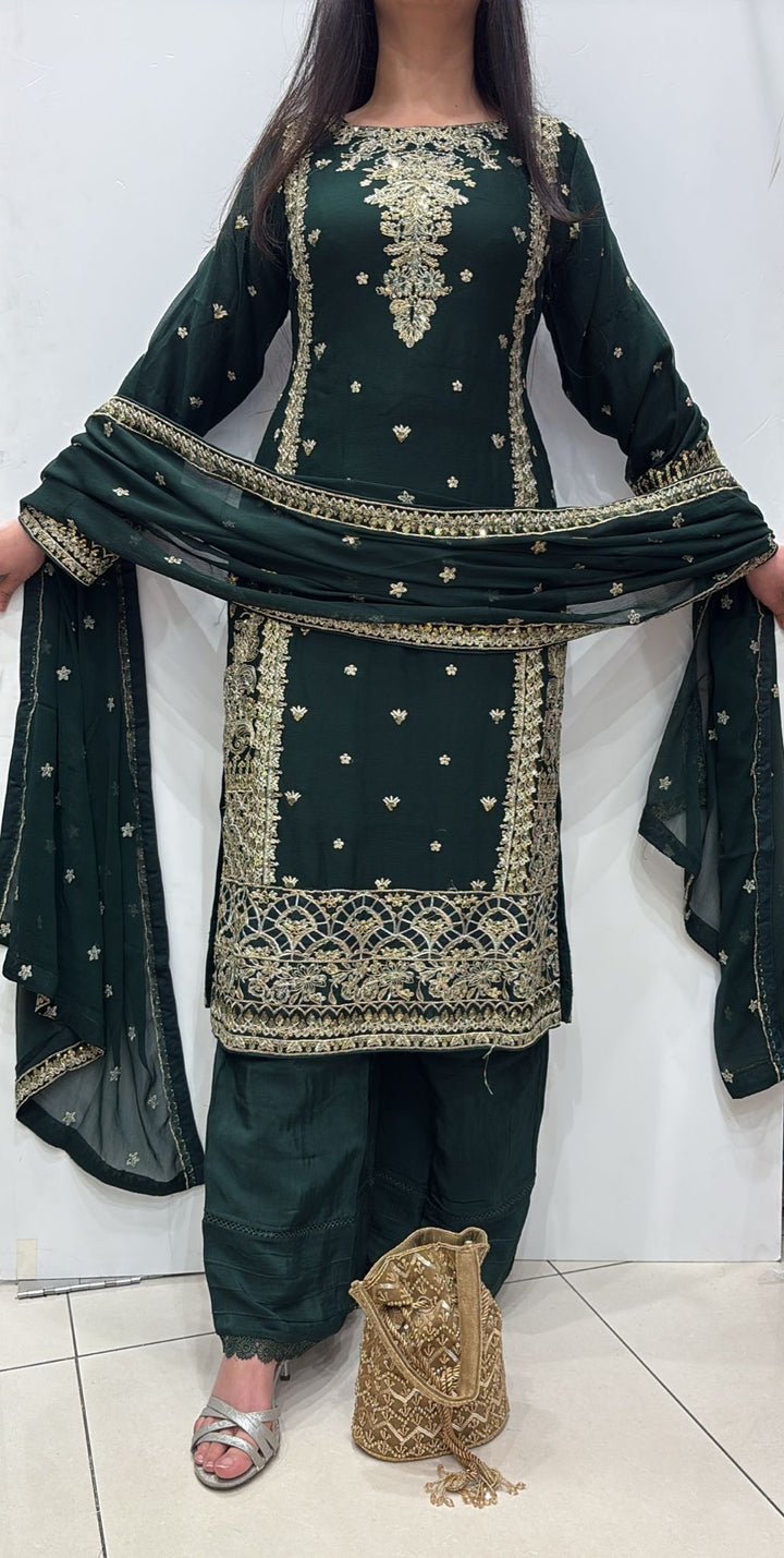 1102D- GREEN EMBROIDERED CHIFFON 3 PIECE SUIT