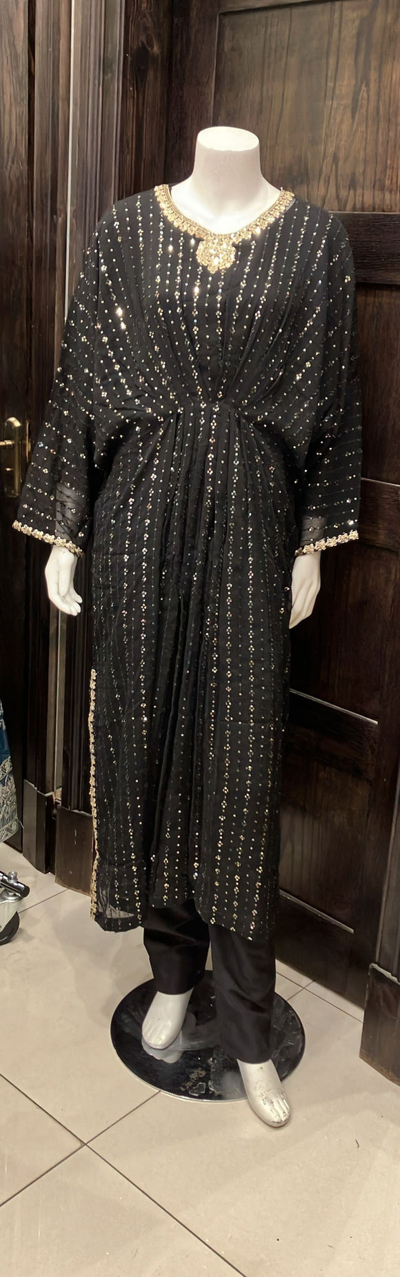 BLACK CHIFFON EMBROIDERED & EMBELLISHED KAFTAN 2 PIECE SUIT 381B