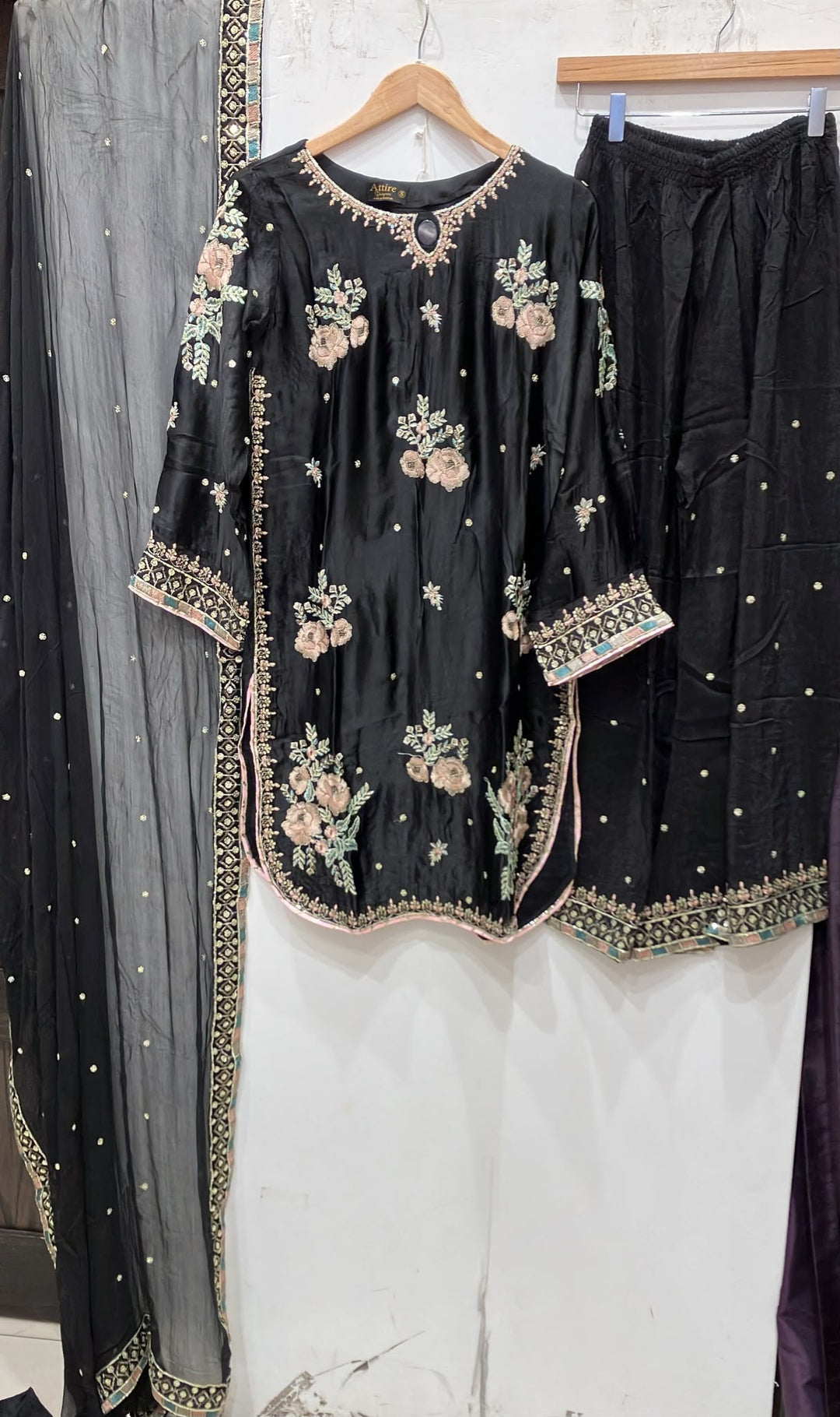 333B - Black Embroidered Shamoz Silk 3 Piece Suit