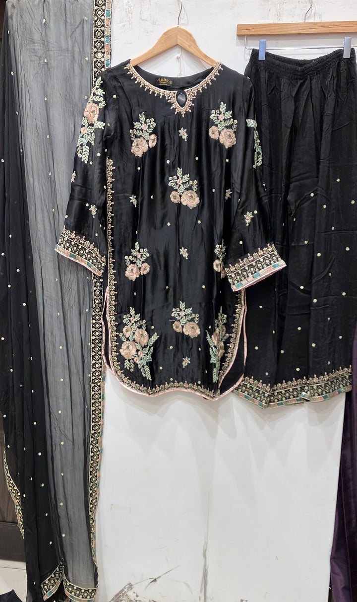 333B - Black Embroidered Shamoz Silk 3 Piece Suit