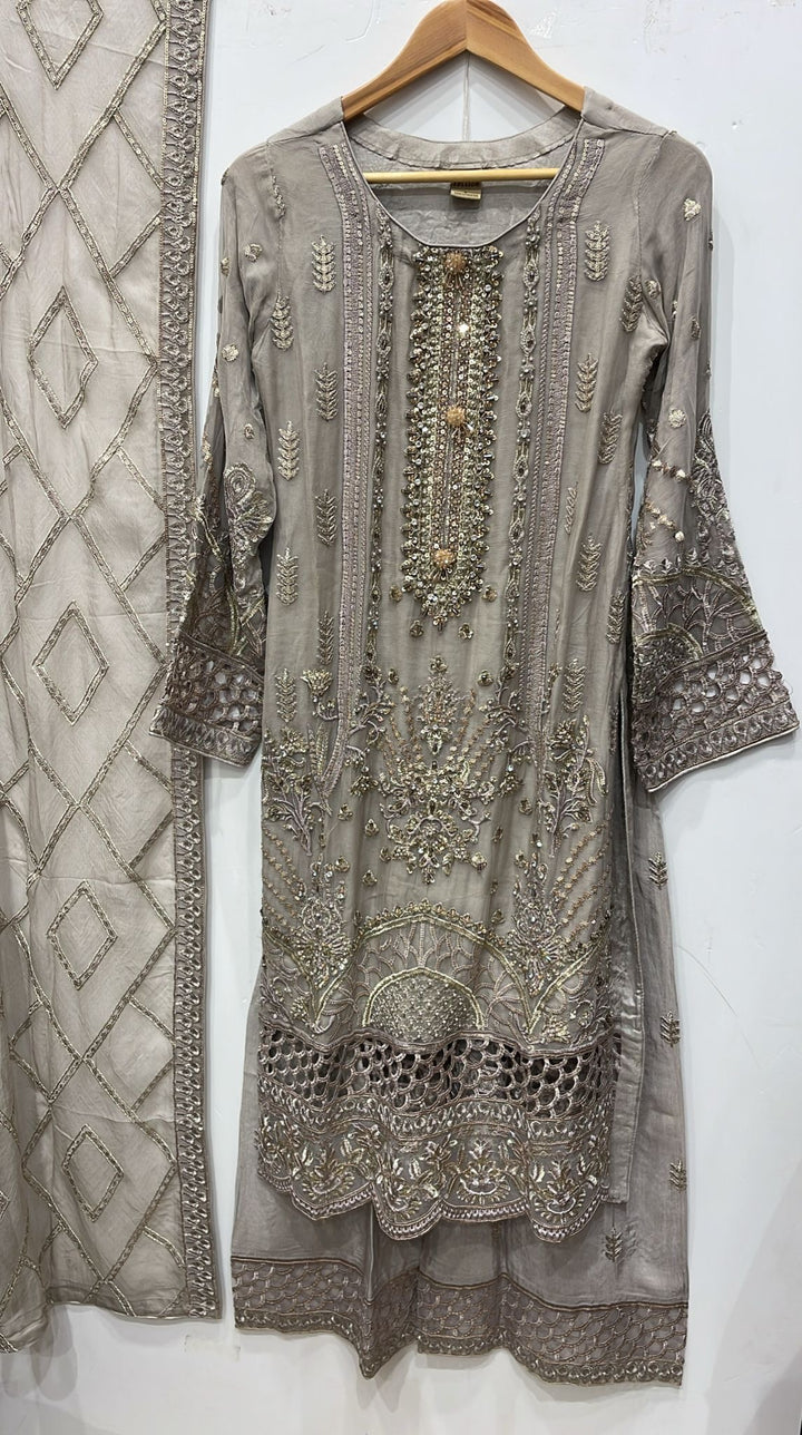 335C- Grey Embroidered Chiffon 3 Piece Suit