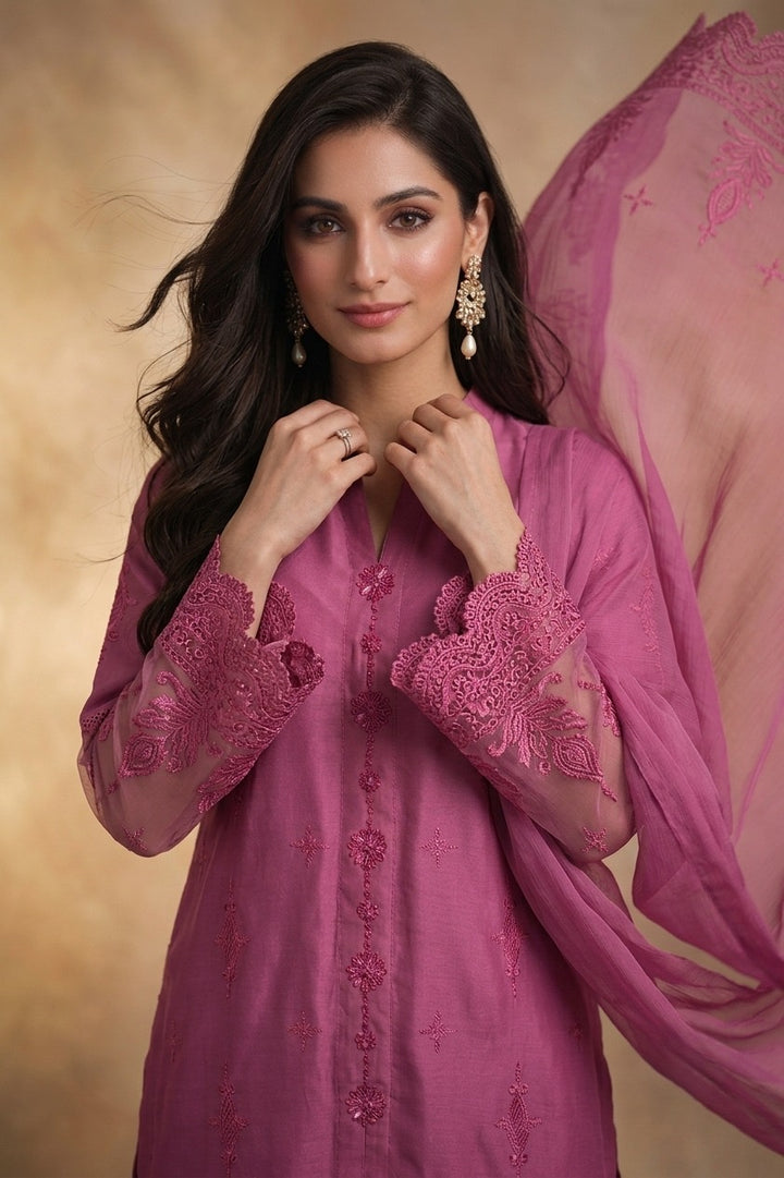 1114B - Pink Embroidered Linen 3 Piece suit