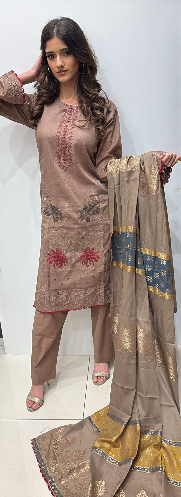 GBR01 - FAWN BEIGE EMBROIDERED COTTON SUIT JACQUARD DUPATTA