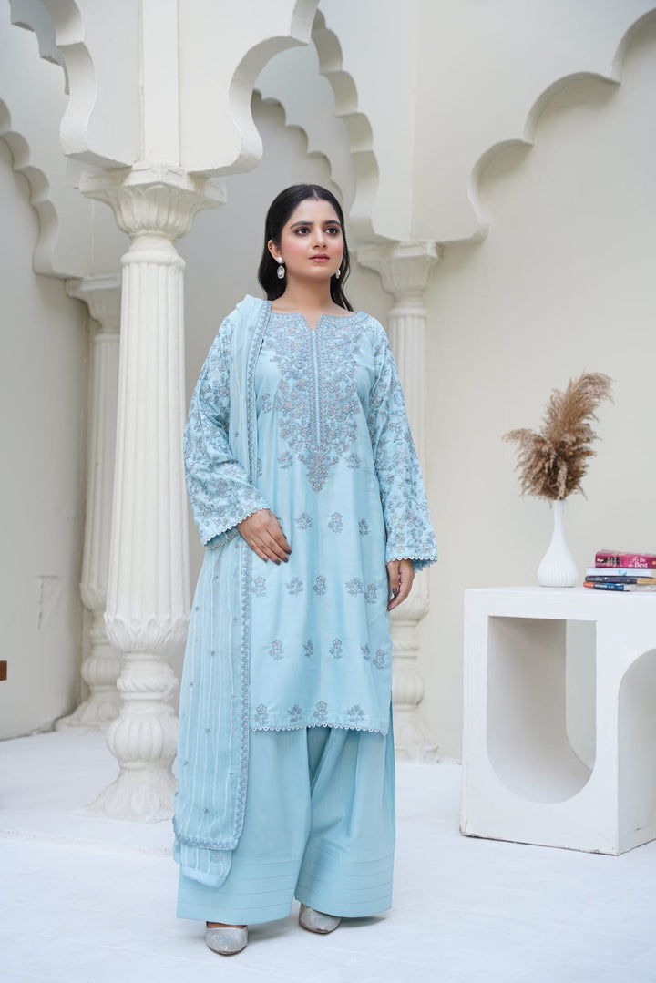 1164D- LIGHT BLUE LINEN EMBROIDERED 3 PIECE SUIT FARSHI SHALWAR
