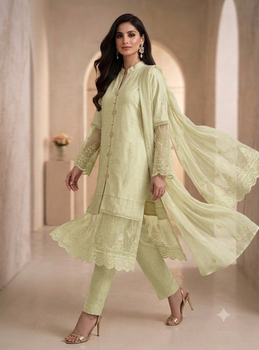 1114E - Pale Lime Embroidered Linen 3 Piece suit