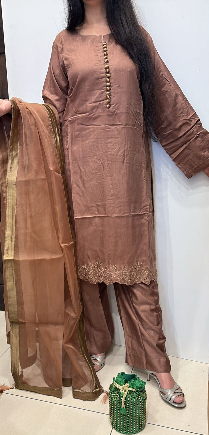 OLN1 - BROWN LINEN EMBROIDERED 3 PIECE SUIT