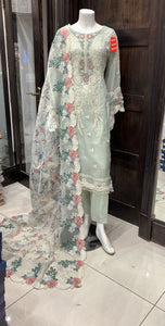 BABY BLUE EMBROIDERED CHIFFON 3 PIECE SUIT 228C