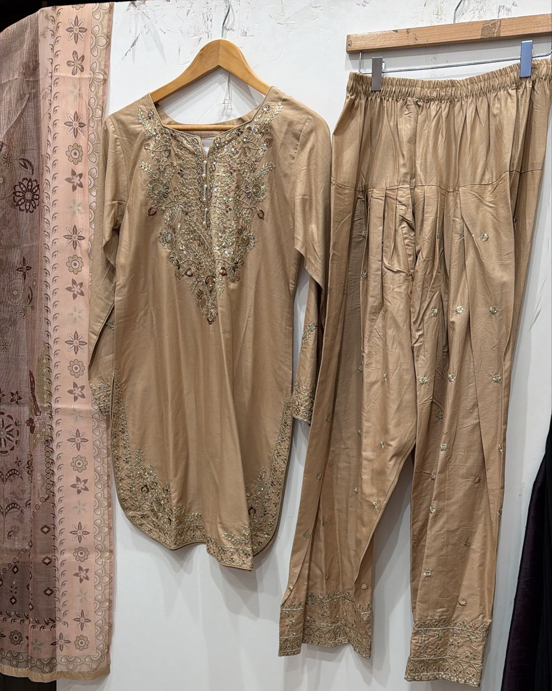 1129C - Beige Viscose Shirt with Farshi Shalwar & Chiffon - East meets west clothing 
