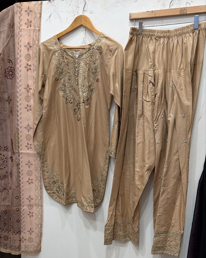 1129C - Beige Viscose Shirt with Farshi Shalwar & Chiffon - East meets west clothing 