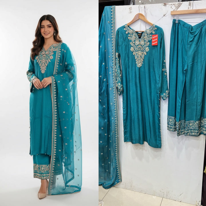 360C- Turquoise Embroidered Silk 3 Piece Suit