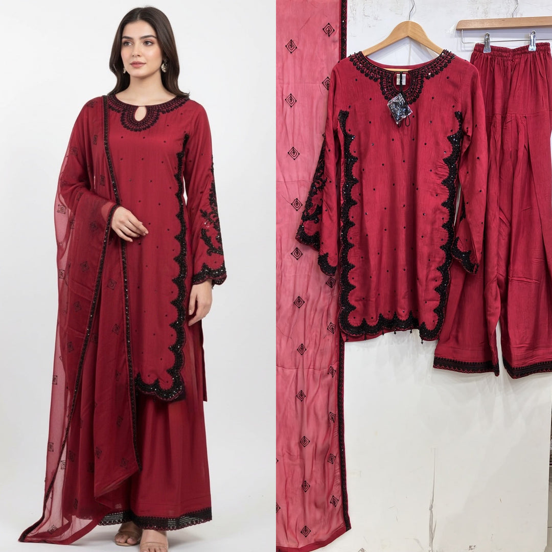 367A- Red Embroidered Silk Farshi Shalwar 3 Piece Suit