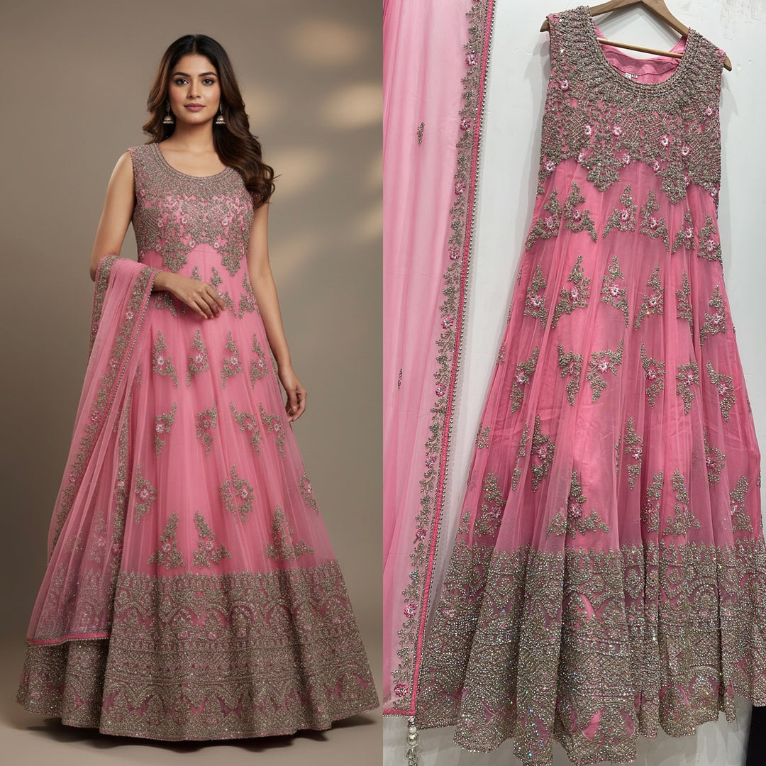 7015H- Pink Embroidered & Embellished net long dress