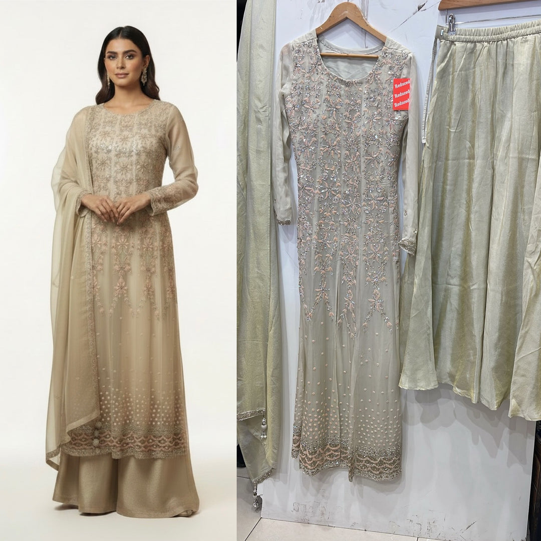 7042A - Elegant Embellished Organza & Silk Long Dress with Palazzo & Dupatta