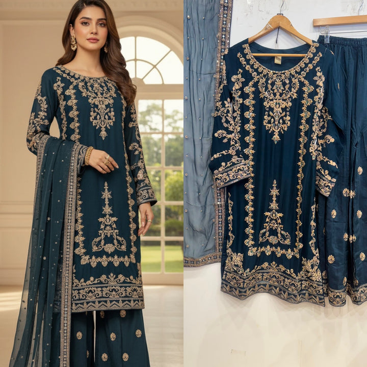 347B- Teal Embroidered Chiffon 3 Piece Suit
